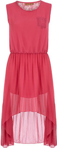 Pink Lace Back Midi Dress - neckline: round neck; fit: fitted at waist; pattern: plain; sleeve style: sleeveless; style: blouson; waist detail: elasticated waist; bust detail: pocket detail at bust; predominant colour: pink; occasions: casual, evening, occasion; length: just above the knee; fibres: cotton - 100%; hip detail: soft pleats at hip/draping at hip/flared at hip; back detail: longer hem at back than at front; sleeve length: sleeveless; texture group: sheer fabrics/chiffon/organza etc.; pattern type: fabric