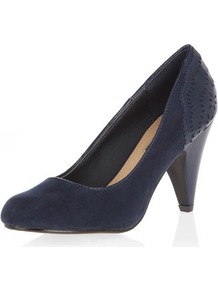 Navy Scallaped Detail Courts - predominant colour: navy; occasions: evening, work; material: fabric; heel height: mid; heel: cone; toe: round toe; style: courts; finish: plain; pattern: plain