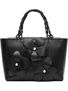 Angelo Leather Flower Applique Handheld Bag - secondary colour: gold; predominant colour: black; occasions: casual, evening, work, occasion, holiday; type of pattern: standard; style: tote; length: handle; size: standard; material: leather; embellishment: applique; pattern: plain; finish: plain