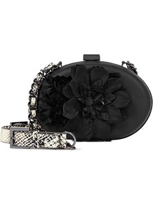 Flis Flower Emebellished Evening Bag - predominant colour: black; occasions: evening, occasion; type of pattern: standard; style: clutch; length: shoulder (tucks under arm); size: small; material: fabric; pattern: plain; finish: patent; embellishment: corsage