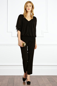 Vittoria Top - neckline: v-neck; sleeve style: angel/waterfall; pattern: plain; style: blouse; waist detail: twist front waist detail/nipped in at waist on one side/soft pleats/draping/ruching/gathering waist detail; hip detail: fitted at hip; predominant colour: black; occasions: casual, evening, occasion; length: standard; fibres: polyester/polyamide - 100%; fit: loose; sleeve length: half sleeve; texture group: sheer fabrics/chiffon/organza etc.; bust detail: tiers/frills/bulky drapes/pleats; pattern type: fabric
