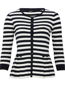 Women's Striped Peplum Cardigan - neckline: round neck; pattern: horizontal stripes; secondary colour: white; predominant colour: black; occasions: casual, evening, work; length: standard; style: standard; fibres: viscose/rayon - stretch; fit: slim fit; waist detail: peplum detail at waist; sleeve length: 3/4 length; sleeve style: standard; texture group: knits/crochet; pattern type: knitted - other; pattern size: standard