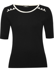 Women's Button Yoke Top With Contrast Trim - neckline: round neck; style: standard; hip detail: fitted at hip; predominant colour: black; occasions: casual, evening, work; length: standard; fibres: nylon - mix; fit: slim fit; waist detail: fitted waist; shoulder detail: added shoulder detail; sleeve length: short sleeve; sleeve style: standard; texture group: knits/crochet; pattern type: knitted - fine stitch; pattern size: standard