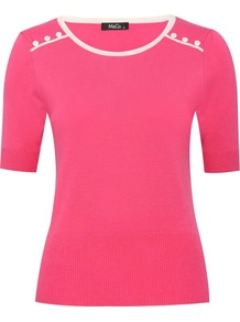 Women's Button Yoke Top With Contrast Trim - neckline: round neck; style: standard; hip detail: fitted at hip; predominant colour: hot pink; occasions: casual, evening, work; length: standard; fibres: nylon - mix; fit: slim fit; waist detail: fitted waist; shoulder detail: added shoulder detail; sleeve length: short sleeve; sleeve style: standard; texture group: knits/crochet; trends: fluorescent; pattern type: knitted - fine stitch; pattern size: standard