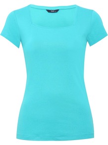 Women's Square Neck T Shirt - pattern: plain; style: t-shirt; predominant colour: turquoise; occasions: casual, work, holiday; length: standard; fibres: cotton - 100%; fit: body skimming; sleeve length: short sleeve; sleeve style: standard; neckline: low square neck; pattern type: fabric; pattern size: standard; texture group: jersey - stretchy/drapey