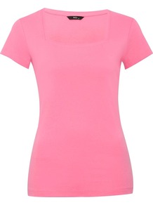 Women's Square Neck T Shirt - neckline: high square neck; pattern: plain; style: t-shirt; predominant colour: pink; occasions: casual, work; length: standard; fibres: cotton - 100%; fit: straight cut; sleeve length: short sleeve; sleeve style: standard; pattern type: fabric; pattern size: standard; texture group: jersey - stretchy/drapey