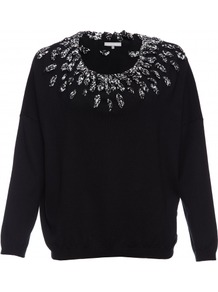 Dixie Jumper - neckline: scoop neck; sleeve style: dolman/batwing; pattern: plain; bust detail: added detail/embellishment at bust; style: standard; back detail: contrast pattern/fabric at back; secondary colour: silver; predominant colour: black; occasions: evening, work; length: standard; fibres: silk - mix; fit: standard fit; shoulder detail: added shoulder detail; sleeve length: long sleeve; texture group: knits/crochet; trends: metallics; pattern type: knitted - fine stitch; pattern size: standard; embellishment: applique