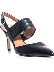 Skye Shoes - predominant colour: black; occasions: evening, work, occasion; material: leather; heel height: high; heel: stiletto; toe: pointed toe; style: slingbacks; finish: plain; pattern: animal print