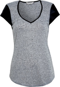 Grey Pu Cap Sleeve Tee - neckline: v-neck; sleeve style: capped; style: t-shirt; shoulder detail: contrast pattern/fabric at shoulder; predominant colour: mid grey; occasions: casual, evening; length: standard; fibres: polyester/polyamide - mix; fit: straight cut; sleeve length: short sleeve; pattern type: fabric; pattern size: small & light; pattern: colourblock; texture group: jersey - stretchy/drapey