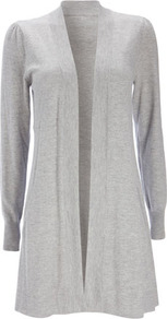 Grey Longline Waist Cardigan - neckline: collarless open; style: open front; predominant colour: light grey; occasions: casual, work, occasion; fibres: nylon - mix; fit: loose; length: mid thigh; sleeve length: long sleeve; sleeve style: standard; texture group: knits/crochet; pattern type: knitted - fine stitch