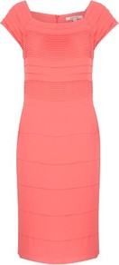 Flamingo Pleated Shift Dress - style: shift; sleeve style: capped; fit: tailored/fitted; pattern: plain; secondary colour: pink; predominant colour: coral; length: on the knee; fibres: polyester/polyamide - 100%; occasions: occasion; sleeve length: sleeveless; texture group: sheer fabrics/chiffon/organza etc.; neckline: low square neck; bust detail: tiers/frills/bulky drapes/pleats; hip detail: ruffles/tiers/tie detail at hip; pattern type: fabric