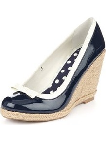 Front Bow Espadrille Wedge Shoes - predominant colour: navy; occasions: casual, evening, work, holiday; material: faux leather; heel height: high; heel: wedge; toe: round toe; style: courts; finish: patent; pattern: colourblock; embellishment: bow