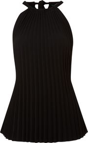 Women's Sleeveless Pleated Halter Top, Black - pattern: plain; sleeve style: sleeveless; neckline: halter neck; predominant colour: black; occasions: casual, evening, work, occasion, holiday; length: standard; style: top; fibres: polyester/polyamide - 100%; fit: body skimming; hip detail: structured pleats at hip; sleeve length: sleeveless; texture group: sheer fabrics/chiffon/organza etc.; pattern type: fabric; pattern size: standard