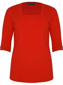 Women's Red Soft Touch Square Neck Jumper, Red - neckline: high square neck; pattern: plain; style: standard; predominant colour: true red; occasions: casual, work; length: standard; fibres: acrylic - 100%; fit: standard fit; sleeve length: half sleeve; sleeve style: standard; pattern type: fabric; pattern size: standard; texture group: jersey - stretchy/drapey