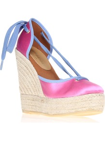 Keates Wedge Espadrille Shoes, Pink - predominant colour: hot pink; occasions: casual, evening, holiday; material: satin; heel height: high; ankle detail: ankle tie; heel: wedge; toe: round toe; style: courts; finish: plain; pattern: colourblock