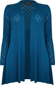 Women's Pointelle Cardi, Teal - length: below the bottom; neckline: collarless open; style: open front; predominant colour: teal; occasions: casual, work; fibres: polyester/polyamide - 100%; fit: loose; sleeve length: long sleeve; sleeve style: standard; texture group: knits/crochet; pattern type: knitted - fine stitch; pattern size: small & light