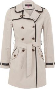 Stone Leather Look Trim Trench Coat - length: standard; shoulder detail: obvious epaulette; style: trench coat; collar: standard lapel/rever collar; back detail: contrast pattern/fabric at back; secondary colour: chocolate brown; predominant colour: stone; occasions: casual, evening, work, occasion; fit: tailored/fitted; fibres: cotton - 100%; waist detail: belted waist/tie at waist/drawstring; bust detail: contrast pattern/fabric/detail at bust; sleeve length: long sleeve; sleeve style: standard; texture group: cotton feel fabrics; collar break: medium; pattern type: fabric; pattern size: light/subtle; pattern: colourblock