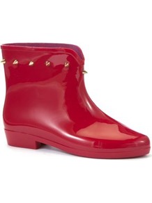 Red Spike Stud Ankle Wellies - predominant colour: true red; secondary colour: gold; occasions: casual, work; material: plastic/rubber; heel height: flat; embellishment: studs; heel: block; toe: round toe; boot length: ankle boot; style: wellies; finish: patent; pattern: plain