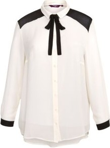Inspire Monochrome Contrast Panel Tie Blouse - length: below the bottom; neckline: pussy bow; style: blouse; predominant colour: white; secondary colour: black; occasions: casual, evening, work; fibres: polyester/polyamide - 100%; fit: straight cut; sleeve length: long sleeve; sleeve style: standard; texture group: sheer fabrics/chiffon/organza etc.; pattern type: fabric; pattern: colourblock