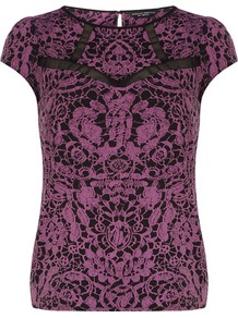 Purple Lace Print Insert Top - neckline: round neck; sleeve style: capped; predominant colour: magenta; occasions: casual, evening, work, occasion; length: standard; style: top; fibres: polyester/polyamide - 100%; fit: body skimming; back detail: keyhole/peephole detail at back; sleeve length: short sleeve; texture group: lace; trends: statement prints; pattern type: fabric; pattern size: big & busy; pattern: patterned/print