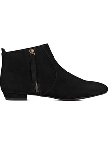 Lara Flat Suede Ankle Boots - predominant colour: black; occasions: casual, evening, work; material: suede; heel height: flat; embellishment: zips; heel: standard; toe: pointed toe; boot length: ankle boot; style: standard; finish: plain; pattern: plain