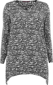 Reptile Print Tunic - neckline: v-neck; style: t-shirt; secondary colour: white; predominant colour: charcoal; occasions: casual; length: standard; fibres: viscose/rayon - stretch; fit: body skimming; hip detail: dip hem; sleeve length: long sleeve; sleeve style: standard; pattern type: fabric; pattern size: standard; pattern: patterned/print; texture group: jersey - stretchy/drapey