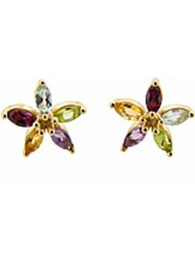 9ct Yg Multi Stone Flower Stud Earrings - occasions: casual, evening, work, occasion; predominant colour: multicoloured; style: stud; length: short; size: small; material: chain/metal; fastening: pierced; finish: plain; embellishment: jewels