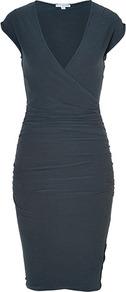 Field Cross Front Cap Sleeve Stretch Cotton Dress - style: faux wrap/wrap; neckline: low v-neck; sleeve style: capped; fit: tight; pattern: plain; waist detail: twist front waist detail/nipped in at waist on one side/soft pleats/draping/ruching/gathering waist detail; bust detail: ruching/gathering/draping/layers/pintuck pleats at bust; predominant colour: charcoal; occasions: casual, evening, work; length: just above the knee; fibres: cotton - stretch; hip detail: ruching/gathering at hip; sleeve length: short sleeve; pattern type: fabric; texture group: jersey - stretchy/drapey