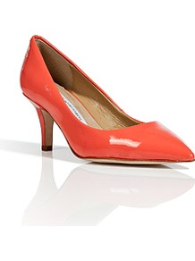 Peach Nectar Patent Leather Anette Pumps - predominant colour: bright orange; occasions: evening, work, occasion; material: leather; heel height: mid; heel: stiletto; toe: pointed toe; style: courts; finish: patent; pattern: plain