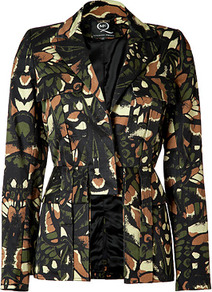 Camouflage Wing Print Cotton Cutaway Blazer - style: single breasted blazer; collar: standard lapel/rever collar; predominant colour: dark green; secondary colour: coral; occasions: casual, evening, work, occasion; length: standard; fit: tailored/fitted; fibres: cotton - 100%; waist detail: fitted waist; sleeve length: long sleeve; sleeve style: standard; texture group: structured shiny - satin/tafetta/silk etc.; collar break: medium; pattern type: fabric; pattern size: big & busy; pattern: patterned/print