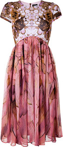Powder/Brown Wing Print Dress - style: empire line; length: below the knee; sleeve style: capped; fit: empire; waist detail: twist front waist detail/nipped in at waist on one side/soft pleats/draping/ruching/gathering waist detail; predominant colour: pink; secondary colour: chocolate brown; occasions: evening, occasion; fibres: viscose/rayon - stretch; neckline: crew; hip detail: soft pleats at hip/draping at hip/flared at hip; sleeve length: short sleeve; texture group: sheer fabrics/chiffon/organza etc.; trends: statement prints, volume; pattern type: fabric; pattern size: standard; pattern: patterned/print