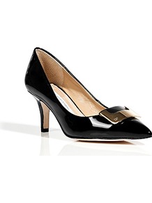 Black Patent Leather Adara Pumps - predominant colour: black; occasions: evening, work; material: leather; heel height: mid; embellishment: buckles; heel: stiletto; toe: pointed toe; style: courts; finish: patent; pattern: plain