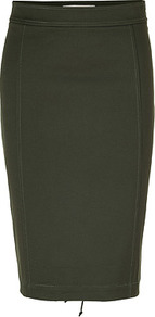 Olive Stretch Cotton Lace Up Back Pencil Skirt - pattern: plain; style: pencil; fit: tailored/fitted; waist: mid/regular rise; predominant colour: dark green; occasions: evening, work; length: on the knee; fibres: cotton - stretch; waist detail: narrow waistband; pattern type: fabric; texture group: jersey - stretchy/drapey