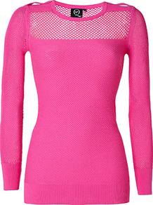 Hot Pink Modern Mesh Top - neckline: round neck; pattern: plain; shoulder detail: obvious epaulette; length: below the bottom; back detail: contrast pattern/fabric at back; predominant colour: hot pink; occasions: casual, evening, holiday; style: top; fit: tight; bust detail: contrast pattern/fabric/detail at bust; sleeve length: long sleeve; sleeve style: standard; texture group: jersey - clingy; trends: fluorescent; pattern type: fabric; fibres: viscose/rayon - mix