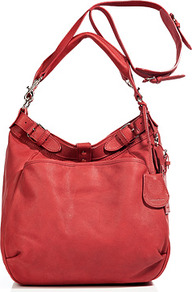 Vermillon Leather Hobo With Shoulder Strap - predominant colour: true red; occasions: casual; type of pattern: standard; style: shoulder; length: shoulder (tucks under arm); size: standard; material: leather; pattern: plain; finish: plain; embellishment: buckles