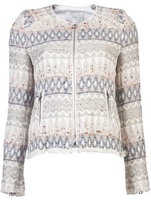 Zip Front Jacket - collar: round collar/collarless; style: boxy; predominant colour: white; occasions: casual, evening, work; length: standard; fit: straight cut (boxy); fibres: cotton - mix; sleeve length: long sleeve; sleeve style: standard; texture group: ornate wovens; collar break: high; pattern type: fabric; pattern size: standard; pattern: patterned/print