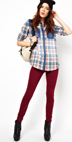 Molly Jean Skinny In Berry - style: skinny leg; length: standard; pattern: plain; pocket detail: traditional 5 pocket; waist: mid/regular rise; predominant colour: burgundy; occasions: casual; fibres: cotton - mix; texture group: denim; pattern type: fabric