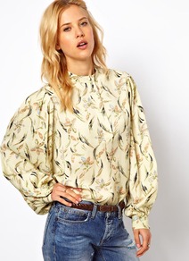 Smock Top In Floral Feather Print - neckline: high neck; style: smock; sleeve style: balloon; occasions: casual, evening, work; length: standard; fibres: polyester/polyamide - 100%; fit: straight cut; predominant colour: multicoloured; sleeve length: long sleeve; pattern type: fabric; pattern size: small & busy; pattern: florals; texture group: other - light to midweight