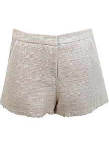 Cream Boucle Short - style: shorts; pocket detail: small back pockets, pockets at the sides; pattern: herringbone/tweed; length: short shorts; waist: mid/regular rise; predominant colour: ivory; occasions: casual, evening, work; fibres: polyester/polyamide - 100%; hip detail: fitted at hip (bottoms); fit: slim leg; pattern type: fabric; pattern size: standard; texture group: tweed - light/midweight