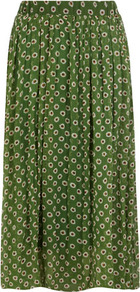 Green Floral Pleated Maxi - length: ankle length; fit: loose/voluminous; style: pleated; waist: mid/regular rise; secondary colour: ivory; predominant colour: dark green; occasions: casual, evening, work, holiday; fibres: polyester/polyamide - 100%; hip detail: structured pleats at hip; waist detail: narrow waistband; texture group: silky - light; pattern type: fabric; pattern size: standard; pattern: patterned/print