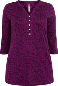 Pink Print Jersey Shirt - neckline: v-neck; length: below the bottom; style: t-shirt; bust detail: buttons at bust (in middle at breastbone)/zip detail at bust; predominant colour: purple; secondary colour: black; occasions: casual; fibres: cotton - 100%; fit: body skimming; sleeve length: 3/4 length; sleeve style: standard; pattern type: fabric; pattern size: standard; pattern: patterned/print; texture group: jersey - stretchy/drapey