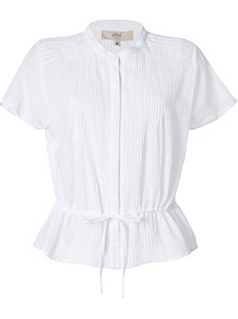 White Cotton Pintucked Shirt - pattern: plain; style: shirt; waist detail: belted waist/tie at waist/drawstring; bust detail: ruching/gathering/draping/layers/pintuck pleats at bust; predominant colour: white; occasions: casual, work, holiday; length: standard; neckline: collarstand; fibres: cotton - 100%; fit: tailored/fitted; sleeve length: short sleeve; sleeve style: standard; texture group: cotton feel fabrics; pattern type: fabric