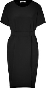 Black Cotton Blend Cocoon Dress - style: shift; neckline: round neck; fit: tailored/fitted; pattern: plain; predominant colour: black; occasions: work, occasion; length: on the knee; fibres: cotton - mix; hip detail: structured pleats at hip; sleeve length: short sleeve; sleeve style: standard; pattern type: fabric; texture group: other - light to midweight
