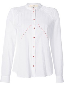 White Cotton Blouse With Red Embroidery - pattern: plain; bust detail: added detail/embellishment at bust; style: blouse; predominant colour: white; occasions: casual, evening, work; length: standard; neckline: collarstand; fibres: cotton - 100%; fit: straight cut; sleeve length: long sleeve; sleeve style: standard; texture group: cotton feel fabrics; pattern type: fabric