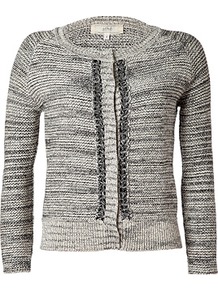 Tonal Grey Variegated Knit Cotton Linen Cardigan - neckline: round neck; pattern: plain; hip detail: fitted at hip; predominant colour: light grey; occasions: casual, work; length: standard; style: standard; fibres: cotton - mix; fit: slim fit; sleeve length: 3/4 length; sleeve style: standard; texture group: knits/crochet; pattern type: knitted - other; pattern size: standard