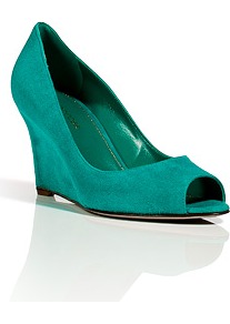 Turquoise Suede Peep Toe Wedges - predominant colour: turquoise; occasions: casual, evening, work, occasion; material: suede; heel height: mid; heel: wedge; toe: open toe/peeptoe; style: courts; finish: plain; pattern: plain