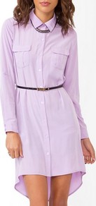 Belted Satin Shirtdress - style: shirt; length: mid thigh; neckline: shirt collar/peter pan/zip with opening; pattern: plain; waist detail: belted waist/tie at waist/drawstring; predominant colour: lilac; occasions: casual, evening, work; fit: body skimming; fibres: polyester/polyamide - 100%; back detail: longer hem at back than at front; sleeve length: long sleeve; sleeve style: standard; texture group: crepes; pattern type: fabric
