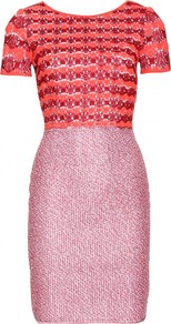 Contrast Knit Dress - style: shift; length: mid thigh; fit: tailored/fitted; secondary colour: pink; occasions: evening, work, occasion, holiday; neckline: crew; hip detail: contrast fabric/print detail at hip; predominant colour: multicoloured; sleeve length: short sleeve; sleeve style: standard; texture group: knits/crochet; pattern type: knitted - other; pattern size: standard; pattern: colourblock; fibres: viscose/rayon - mix