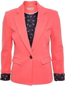 Coral Pique Jacket - pattern: plain; style: single breasted blazer; hip detail: side pockets at hip; collar: standard lapel/rever collar; predominant colour: coral; occasions: casual, evening, work, occasion; length: standard; fit: tailored/fitted; fibres: cotton - 100%; waist detail: fitted waist; back detail: back vent/flap at back; sleeve length: long sleeve; sleeve style: standard; texture group: cotton feel fabrics; trends: fluorescent; collar break: low/open; pattern type: fabric