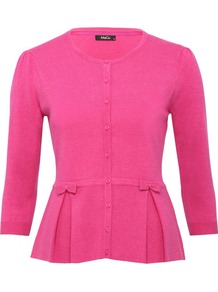 Women's Peplum Bow Cardigan - neckline: round neck; pattern: plain; predominant colour: pink; occasions: casual, evening, work; length: standard; style: standard; fibres: nylon - mix; fit: slim fit; waist detail: peplum detail at waist; sleeve length: 3/4 length; sleeve style: standard; texture group: knits/crochet; pattern type: knitted - fine stitch